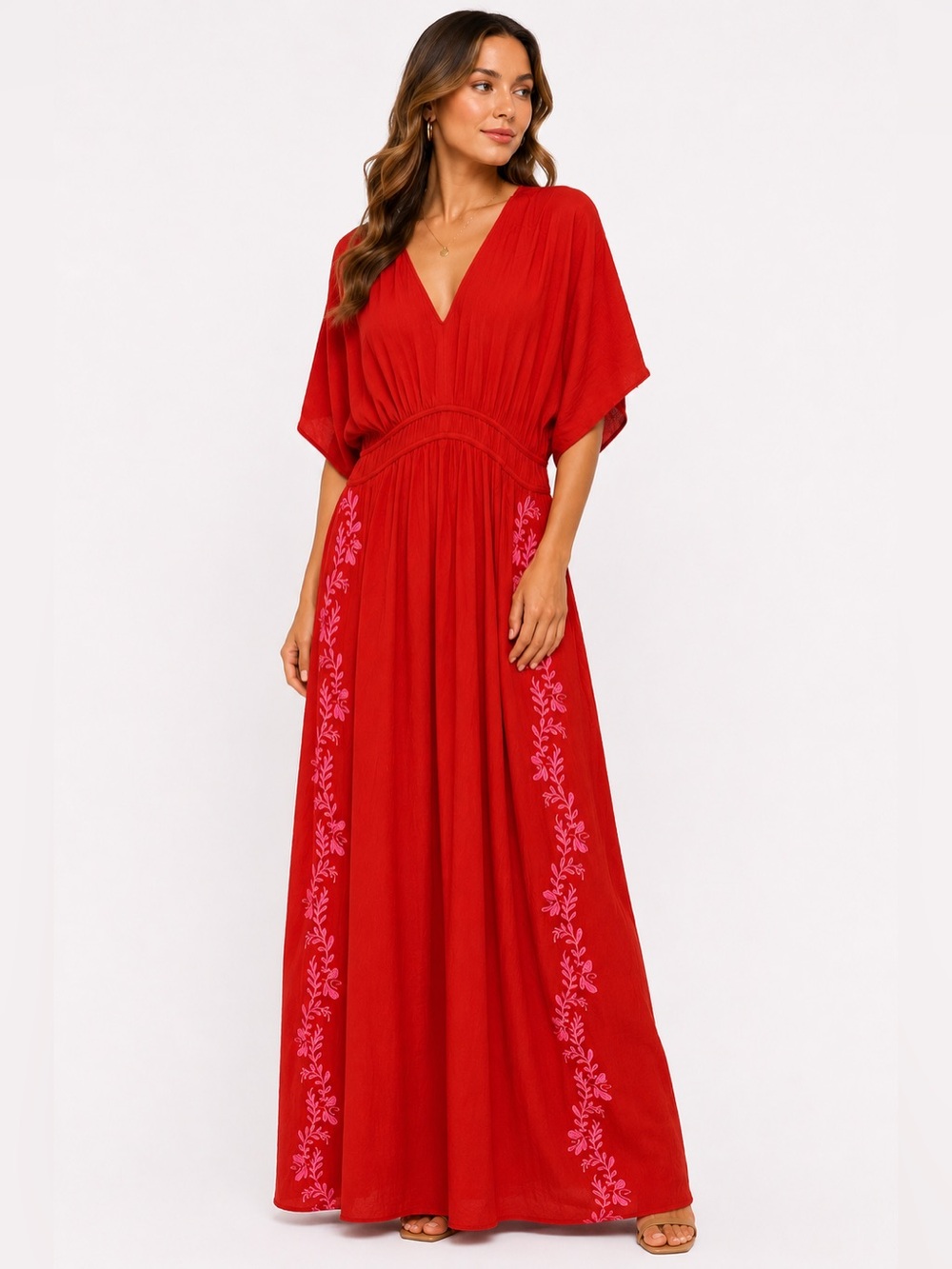 Knox Rose Size XL Red & Pink Embroidered V-Neck Maxi Dress